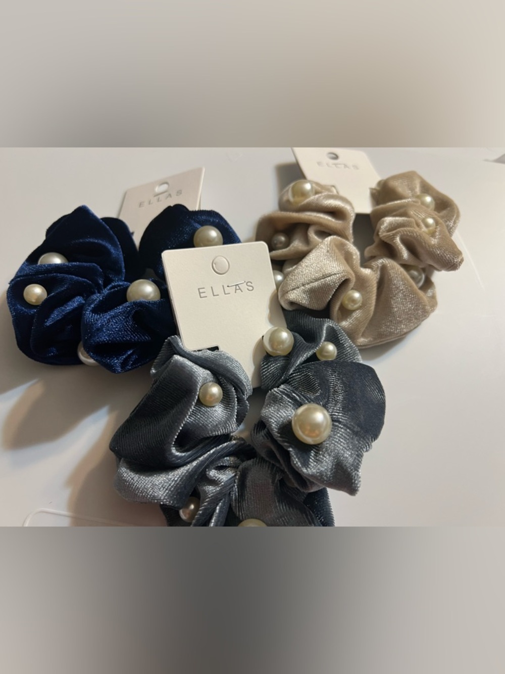 Ellas Faux Pearl-Accent Hair Scrunchie 3 Piece Set - Navy, Grey, Champagne NWT